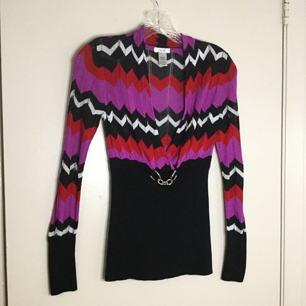 Cache Black, Red, & Purple Chevron Knit Top